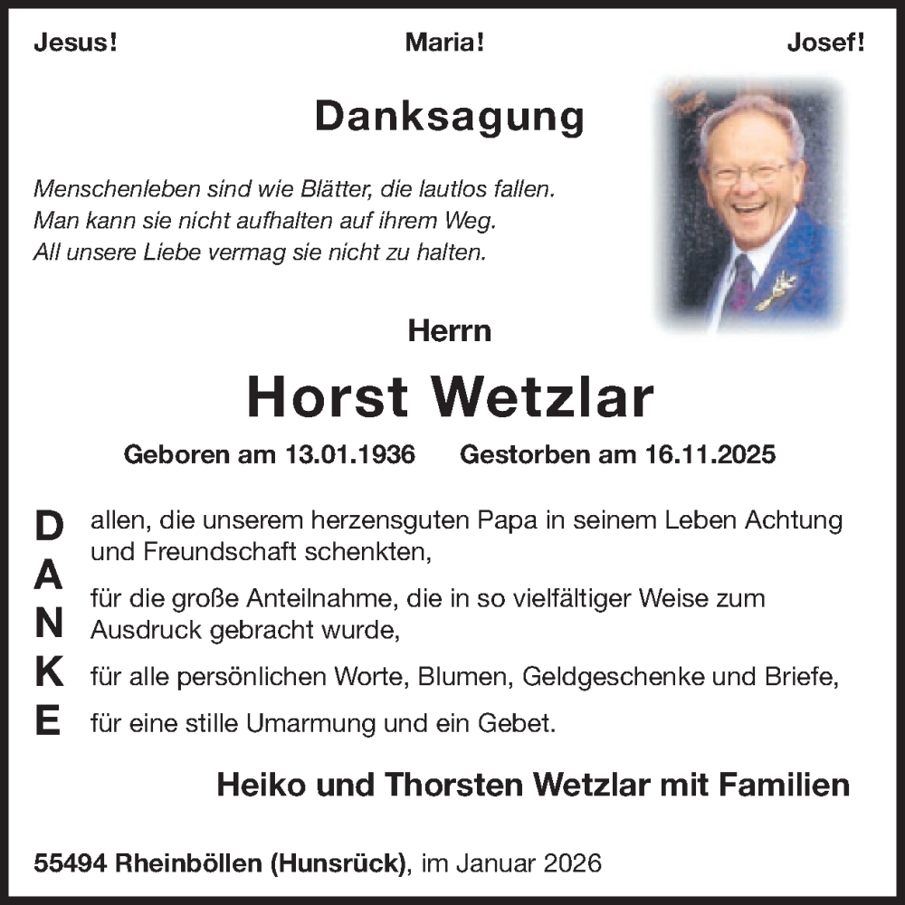  Traueranzeige für Horst Wetzlar vom 31.01.2026 aus WochenSpiegel