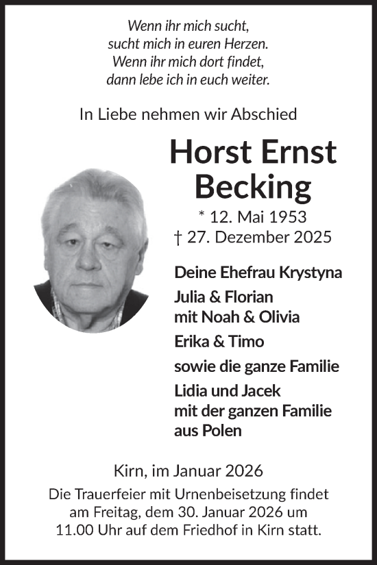 Traueranzeige von Horst Ernst Becking von WochenSpiegel