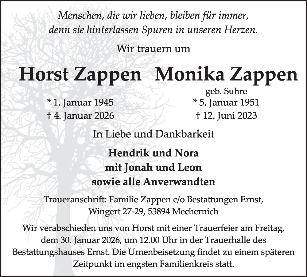  Traueranzeige für Horst und Monika Zappen vom 21.01.2026 aus WochenSpiegel