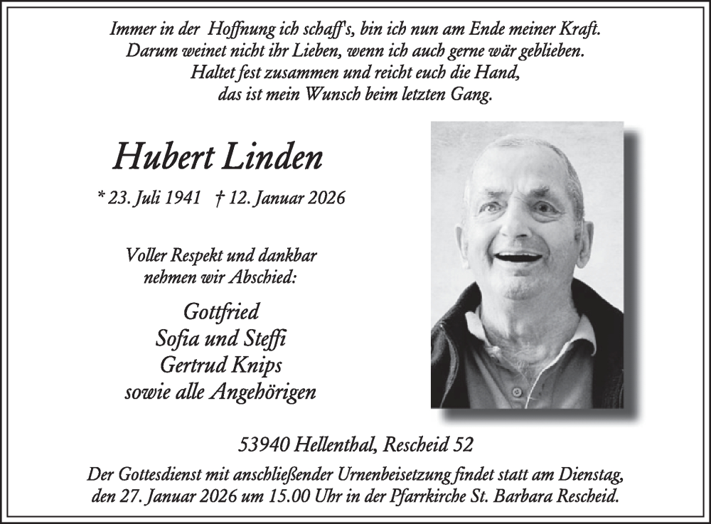  Traueranzeige für Hubert Linden vom 21.01.2026 aus WochenSpiegel