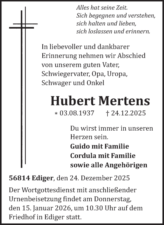 Traueranzeige von Hubert Mertens von WochenSpiegel