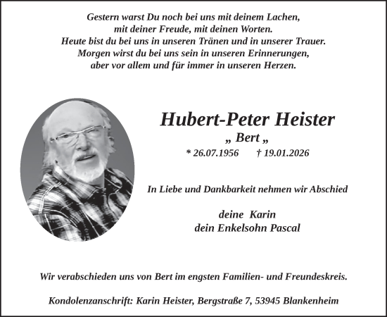Traueranzeige von Hubert-Peter Heister von WochenSpiegel