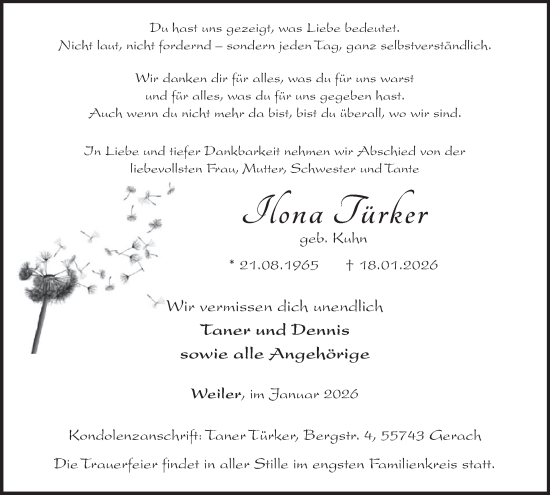 Traueranzeige von Ilona Türker von WochenSpiegel