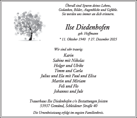 Traueranzeige von Ilse Diedenhofen von WochenSpiegel