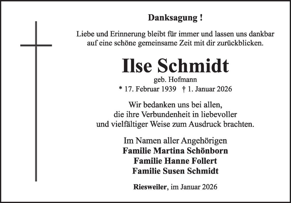  Traueranzeige für Ilse Schmidt vom 31.01.2026 aus WochenSpiegel