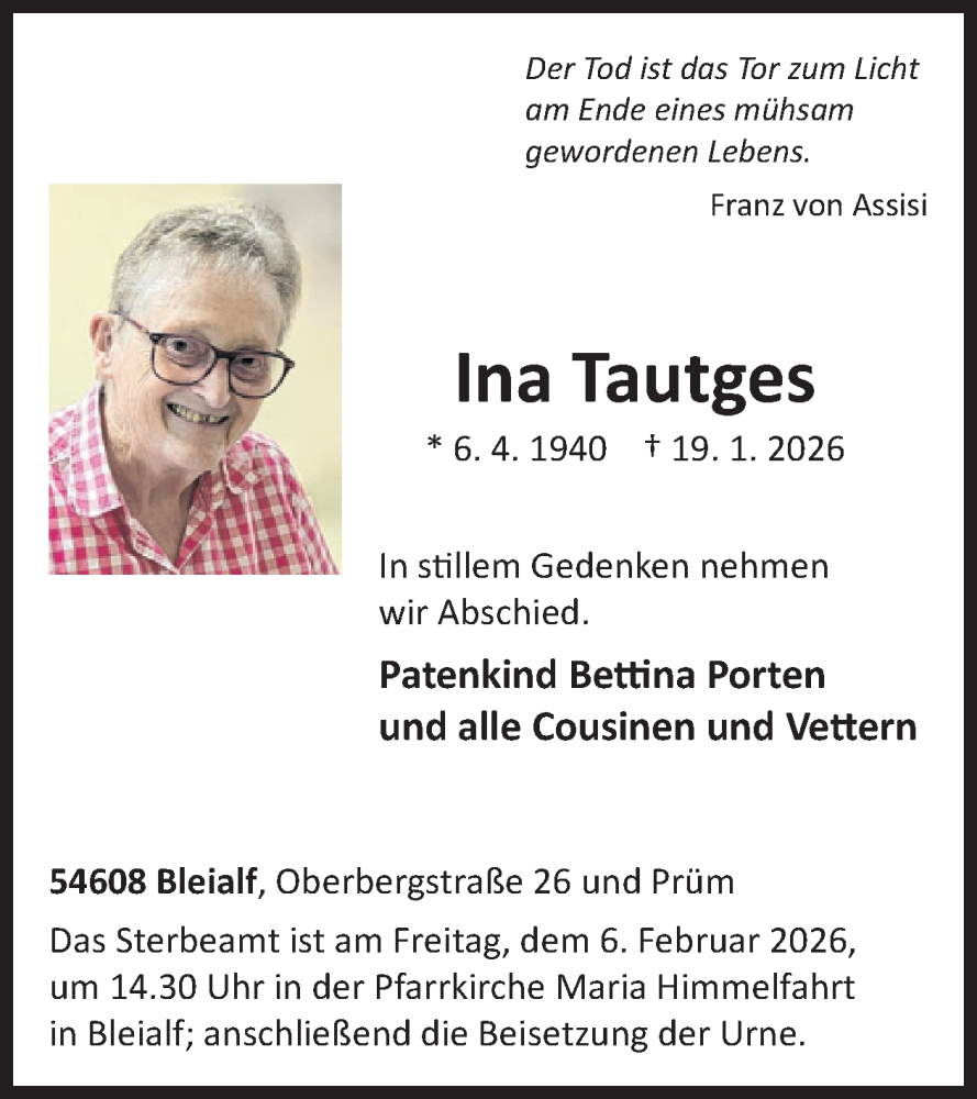  Traueranzeige für Ina Tautges vom 30.01.2026 aus WochenSpiegel