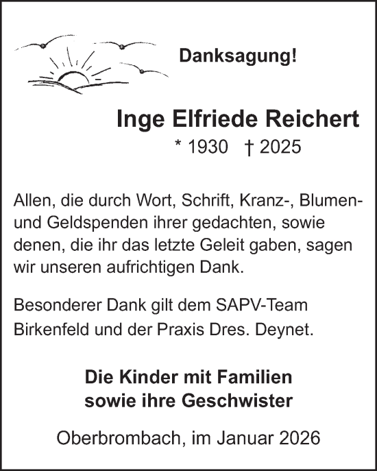 Traueranzeige von Inge Elfriede Reichert von WochenSpiegel