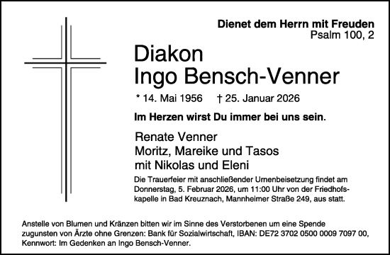 Traueranzeige von Ingo Bensch-Venner von WochenSpiegel