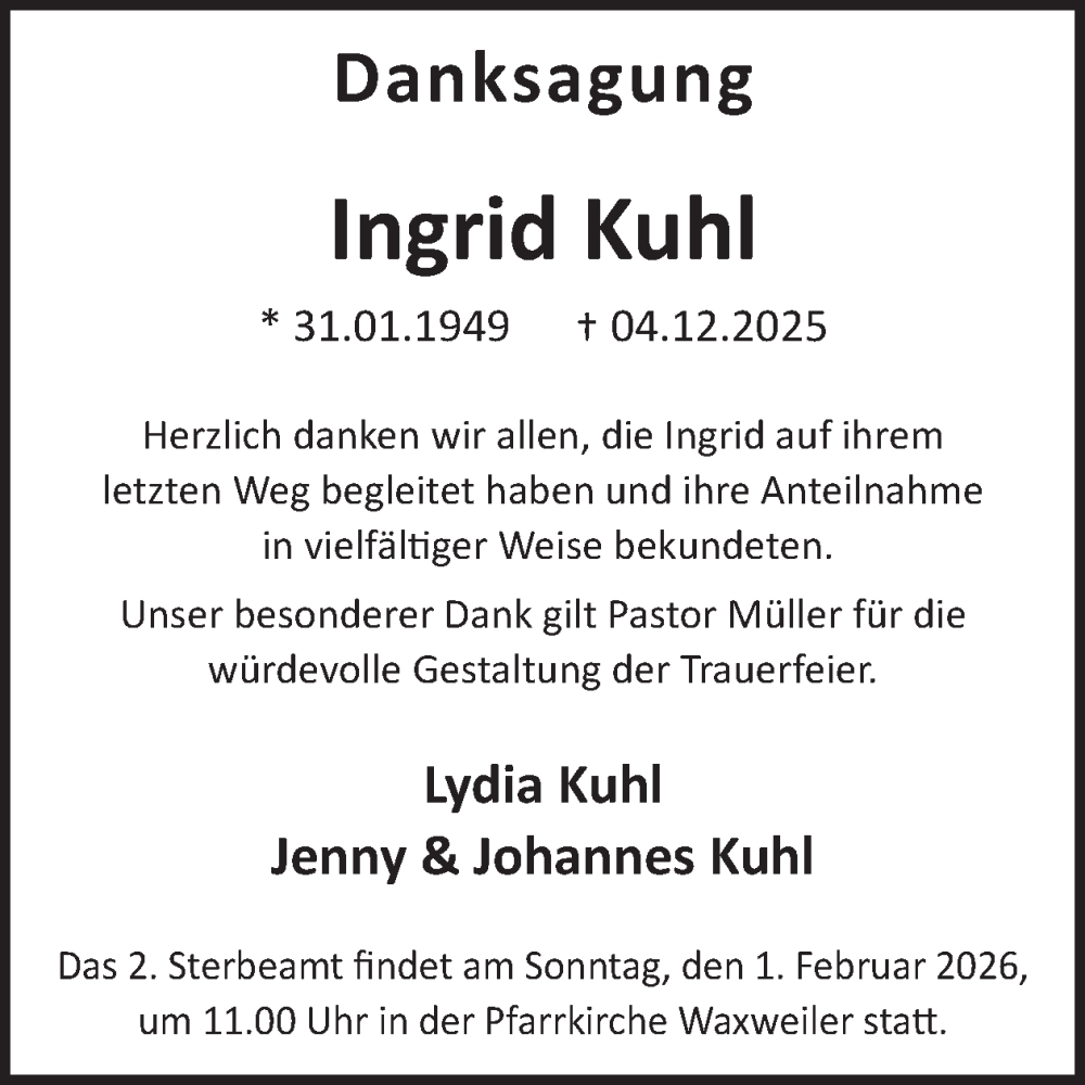  Traueranzeige für Ingrid Kuhl vom 16.01.2026 aus WochenSpiegel