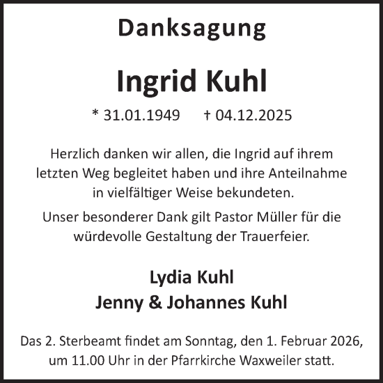 Traueranzeige von Ingrid Kuhl von WochenSpiegel