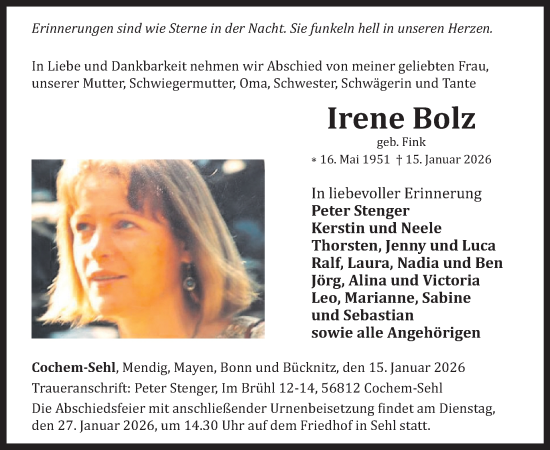 Traueranzeige von Irene Bolz von WochenSpiegel