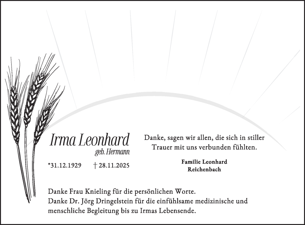  Traueranzeige für Irma Leonhard vom 17.01.2026 aus WochenSpiegel