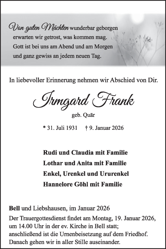 Traueranzeige von Irmgard Frank von WochenSpiegel