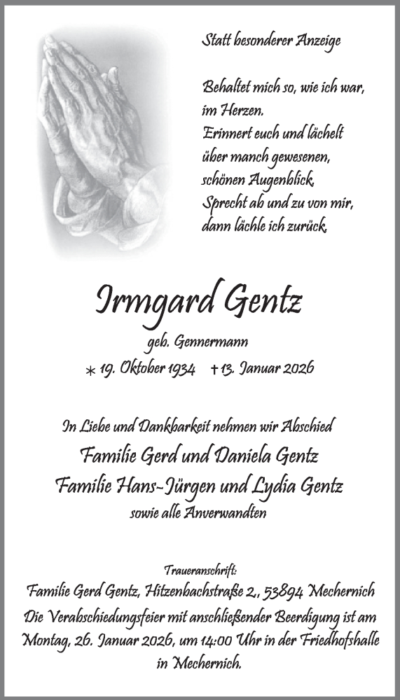  Traueranzeige für Irmgard Gentz vom 21.01.2026 aus WochenSpiegel