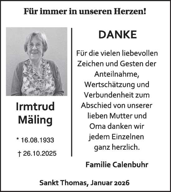 Traueranzeige von Irmtrud Mäling von WochenSpiegel