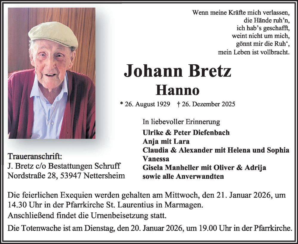  Traueranzeige für Johann Bretz vom 07.01.2026 aus WochenSpiegel