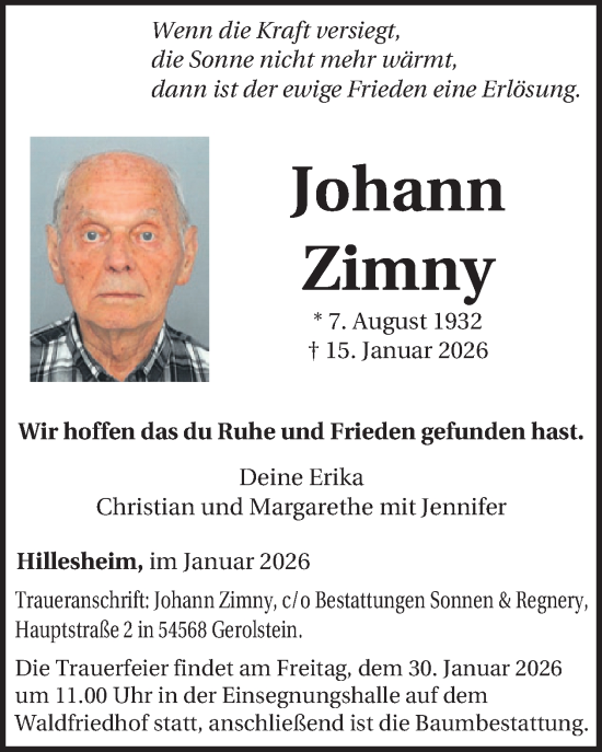 Traueranzeige von Johann Zimny von WochenSpiegel