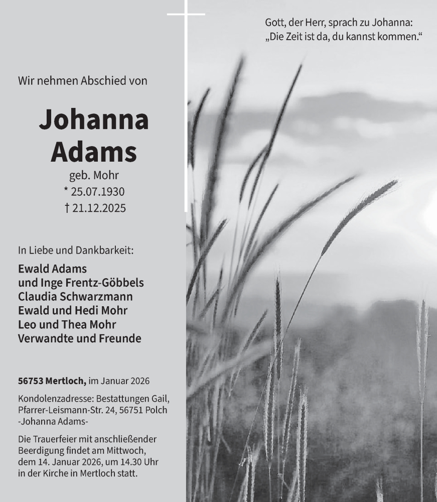  Traueranzeige für Johanna Adams vom 07.01.2026 aus WochenSpiegel