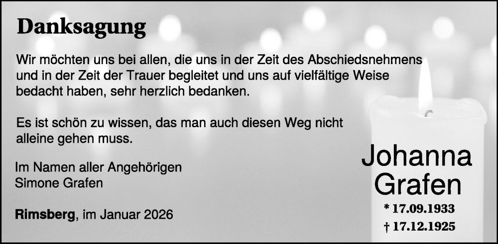  Traueranzeige für Johanna  Grafen vom 31.01.2026 aus WochenSpiegel