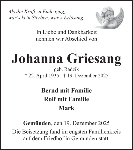 Traueranzeige von Johanna Griesang von WochenSpiegel