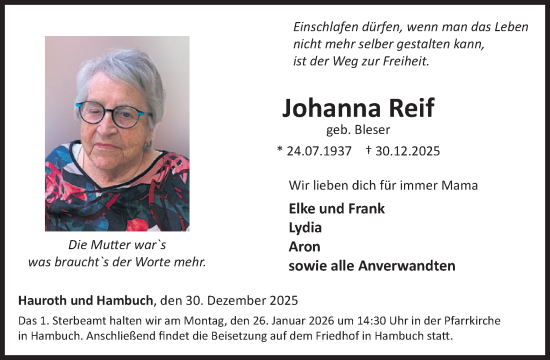Traueranzeige von Johanna Reif von WochenSpiegel