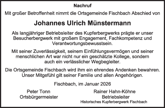 Traueranzeige von Johannes Ulrich Münstermann von WochenSpiegel