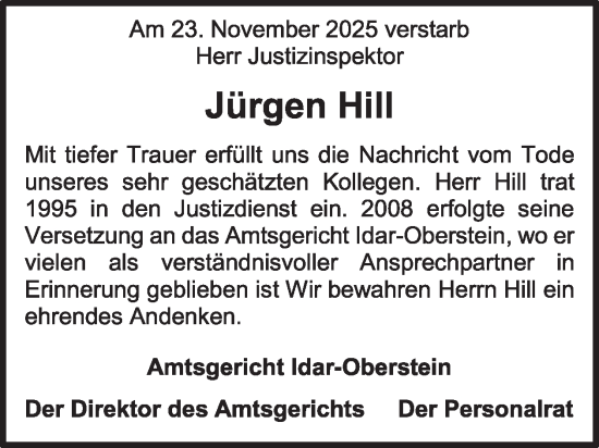 Traueranzeige von Jürgen Hill von WochenSpiegel