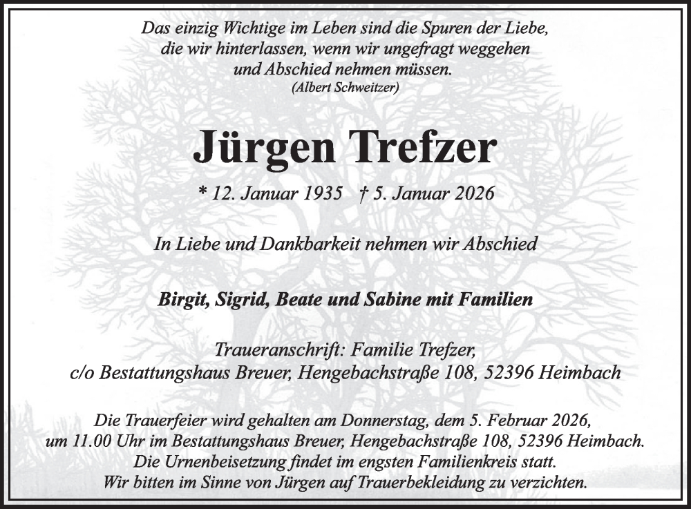  Traueranzeige für Jürgen Trefzer vom 14.01.2026 aus WochenSpiegel