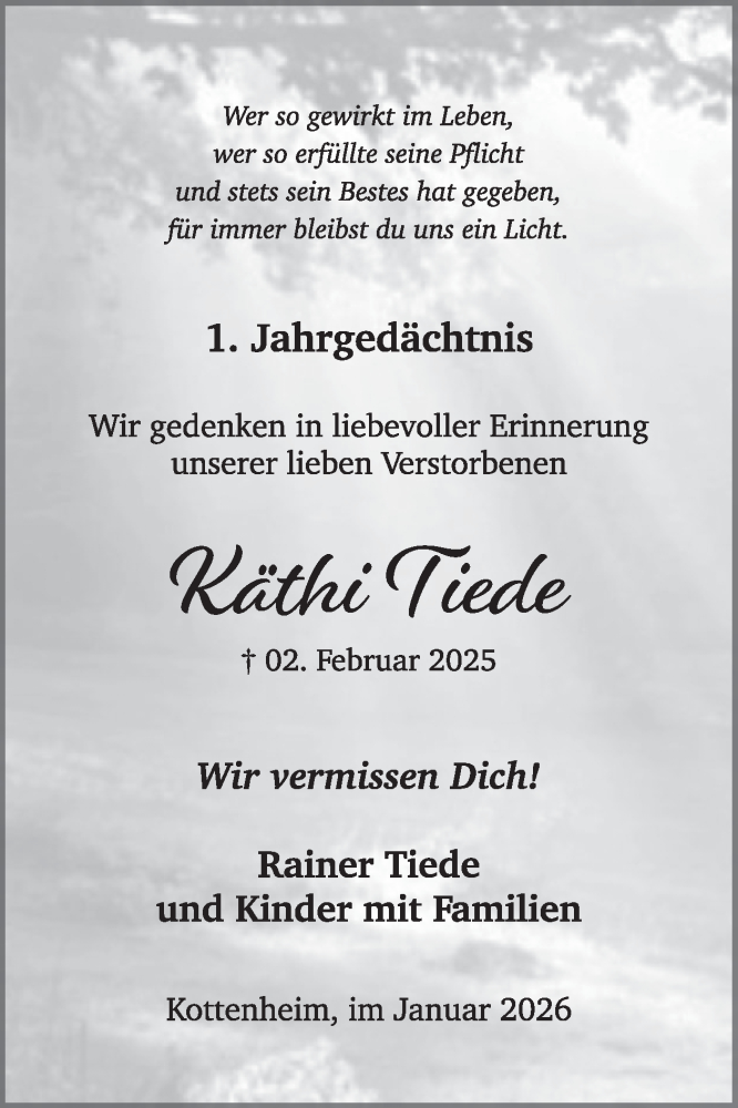  Traueranzeige für Käthi Tiede vom 28.01.2026 aus WochenSpiegel