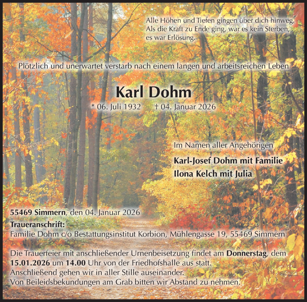  Traueranzeige für Karl Dohm vom 10.01.2026 aus WochenSpiegel