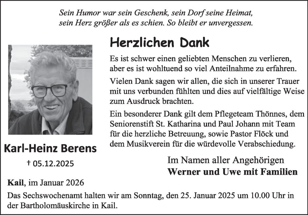  Traueranzeige für Karl-Heinz Berens vom 21.01.2026 aus WochenSpiegel