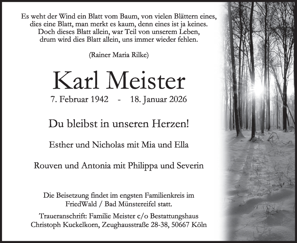  Traueranzeige für Karl Meister vom 28.01.2026 aus WochenSpiegel
