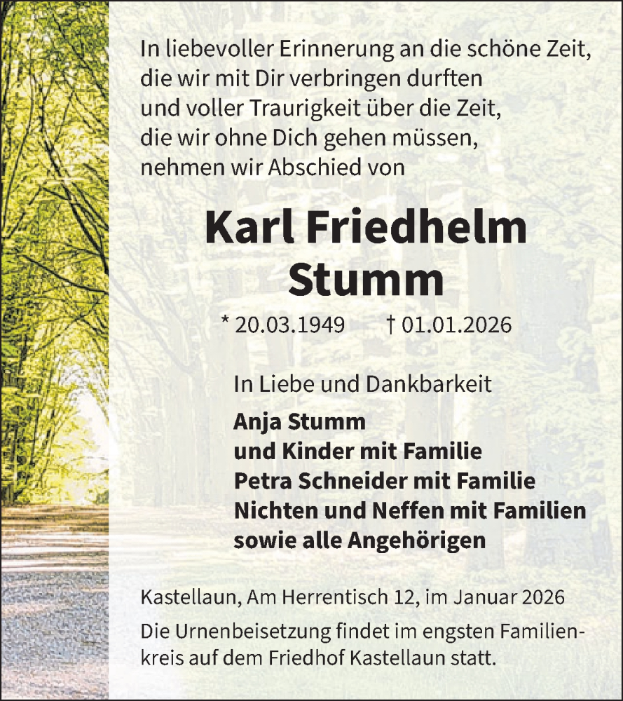  Traueranzeige für Karl Friedhelm Stumm vom 10.01.2026 aus WochenSpiegel