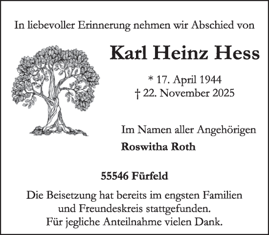 Traueranzeige von Karl Heinz Hess von WochenSpiegel