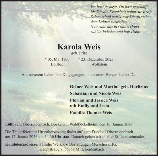 Traueranzeige von Karola Weis von WochenSpiegel