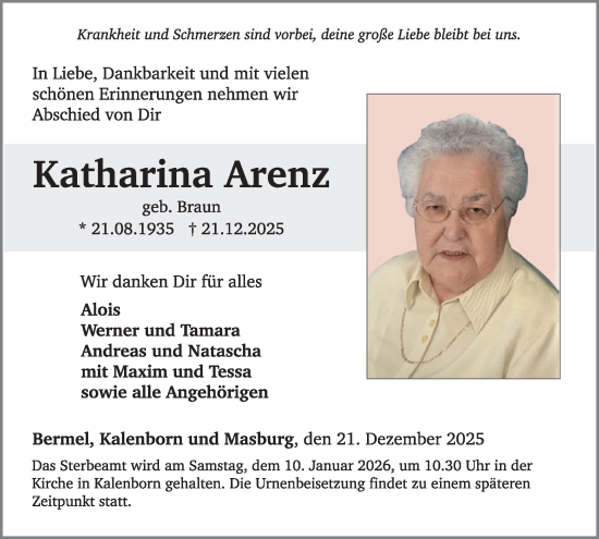 Traueranzeige von Katharina Arenz von WochenSpiegel