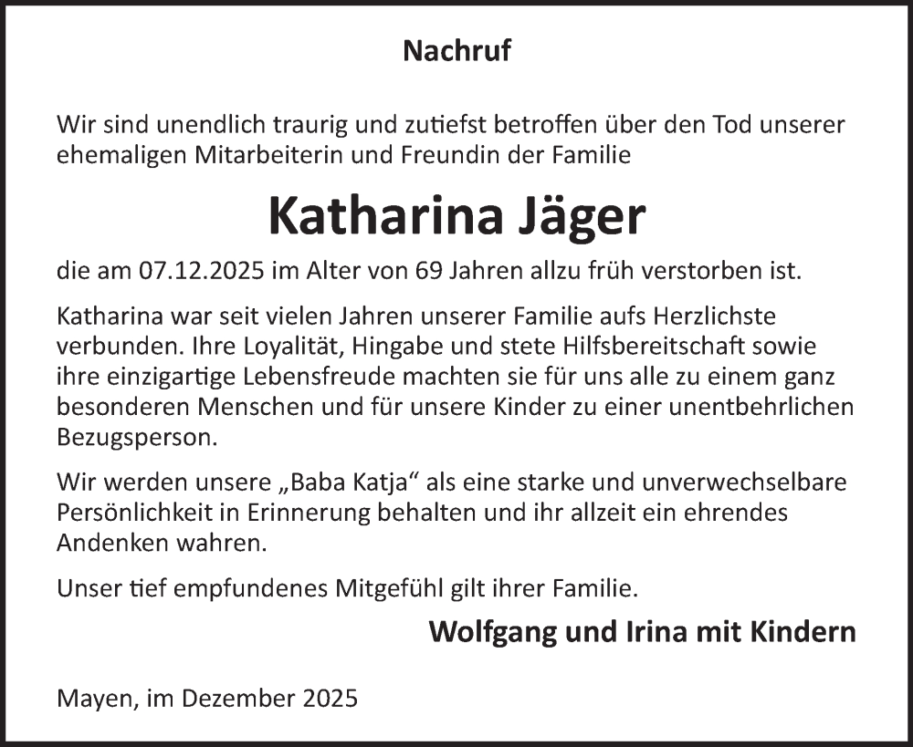  Traueranzeige für Katharina Jäger vom 21.01.2026 aus WochenSpiegel