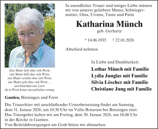 Traueranzeige von Katharina Münch von WochenSpiegel