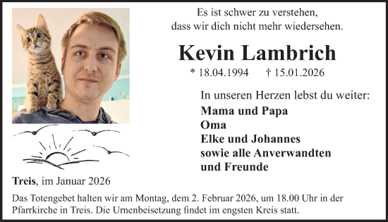 Traueranzeige von Kevin Lambrich von WochenSpiegel