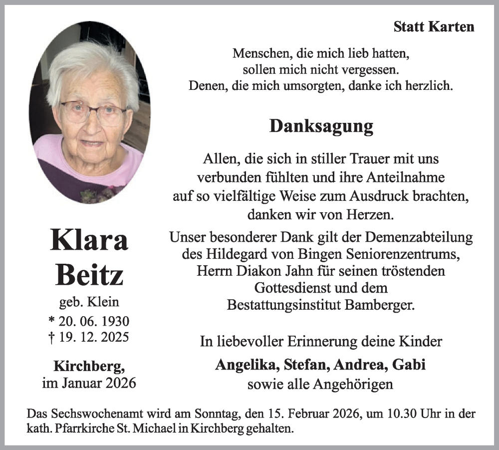  Traueranzeige für Klara Bitz vom 17.01.2026 aus WochenSpiegel