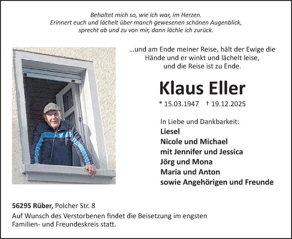  Traueranzeige für Klaus Eller vom 07.01.2026 aus WochenSpiegel