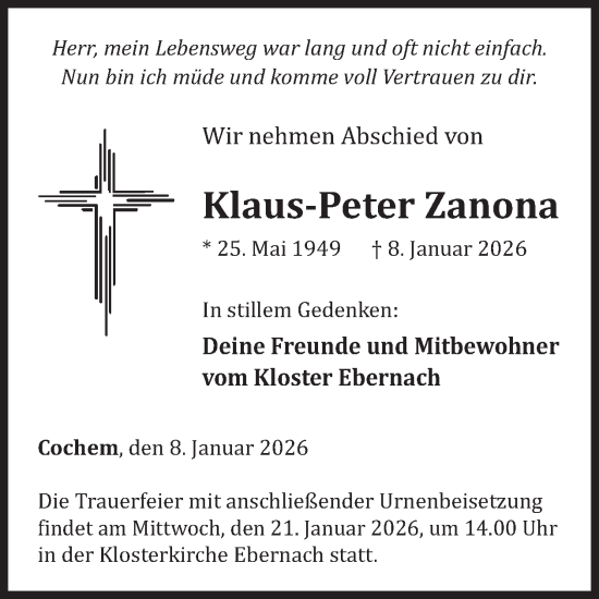 Traueranzeige von Klaus-Peter Zanona von WochenSpiegel