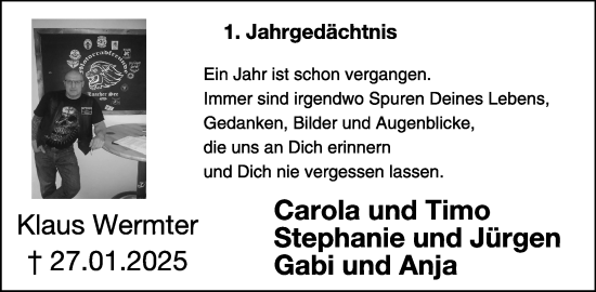 Traueranzeige von Klaus Wermter von WochenSpiegel