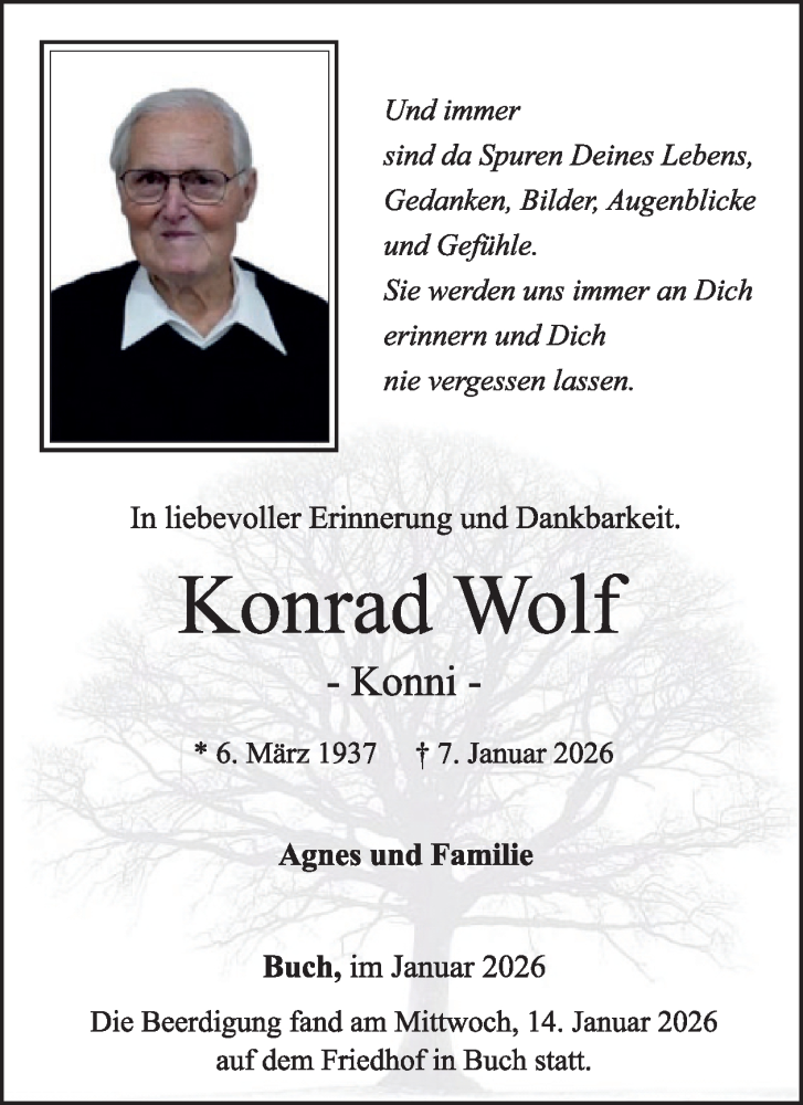  Traueranzeige für Konrad Wolf vom 17.01.2026 aus WochenSpiegel