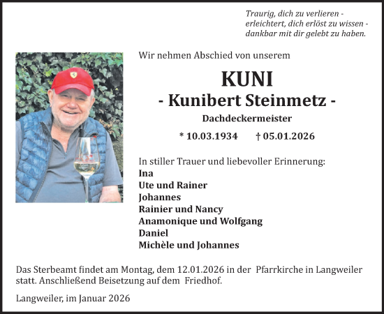 Traueranzeige von Kunibert Steinmetz von WochenSpiegel