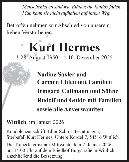 Traueranzeige von Kurt Hermes von WochenSpiegel