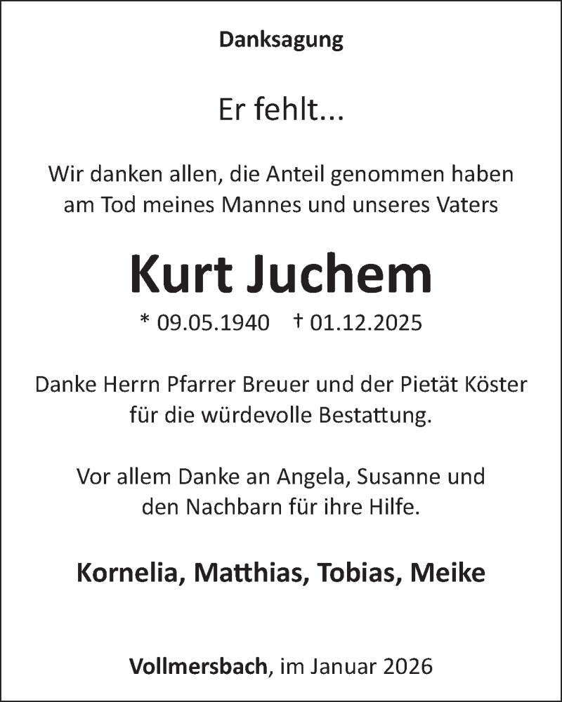  Traueranzeige für Kurt Juchem vom 10.01.2026 aus WochenSpiegel