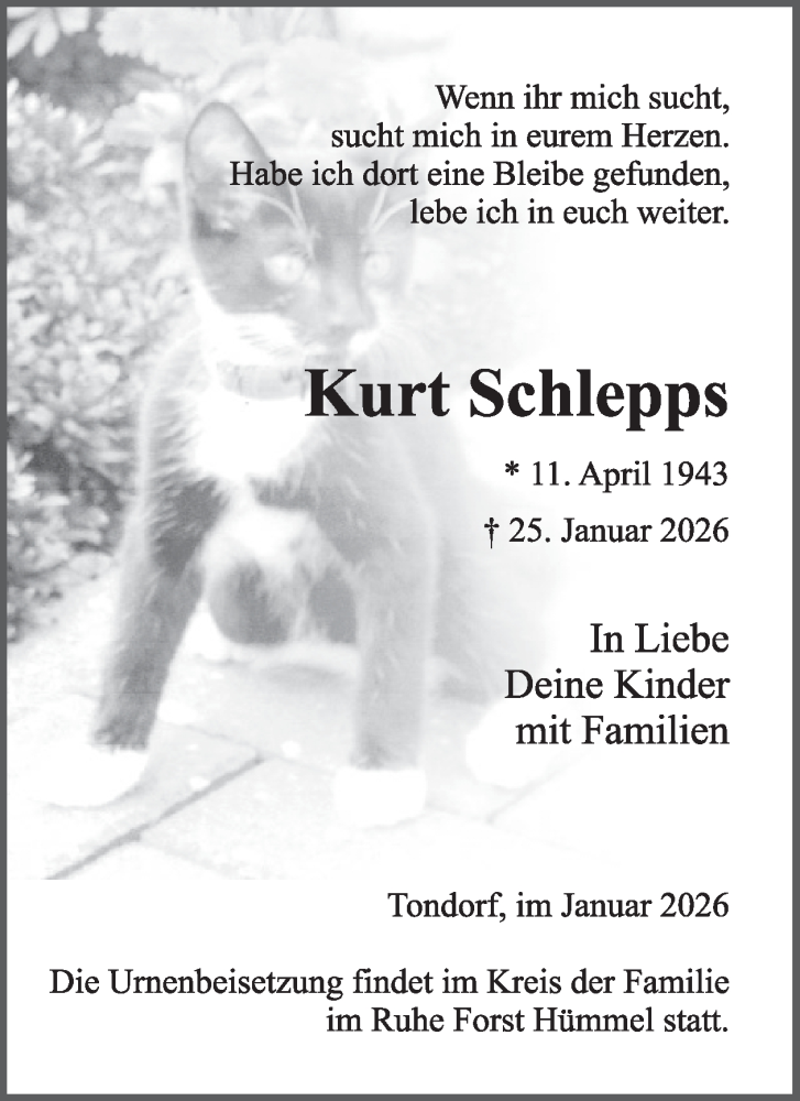  Traueranzeige für Kurt Schlepps vom 28.01.2026 aus WochenSpiegel