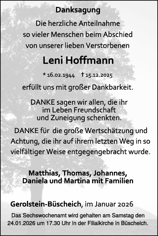 Traueranzeige von Leni Hoffmann von WochenSpiegel