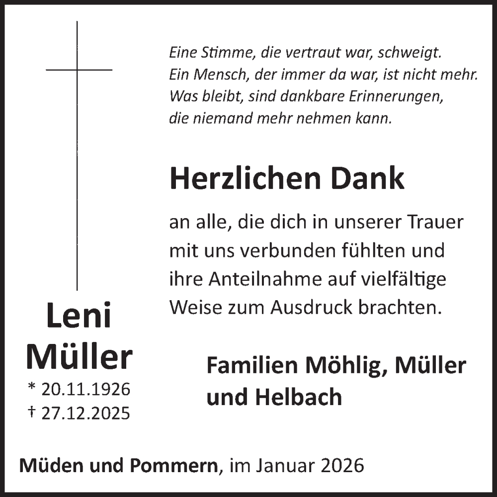  Traueranzeige für Leni Müller vom 28.01.2026 aus WochenSpiegel